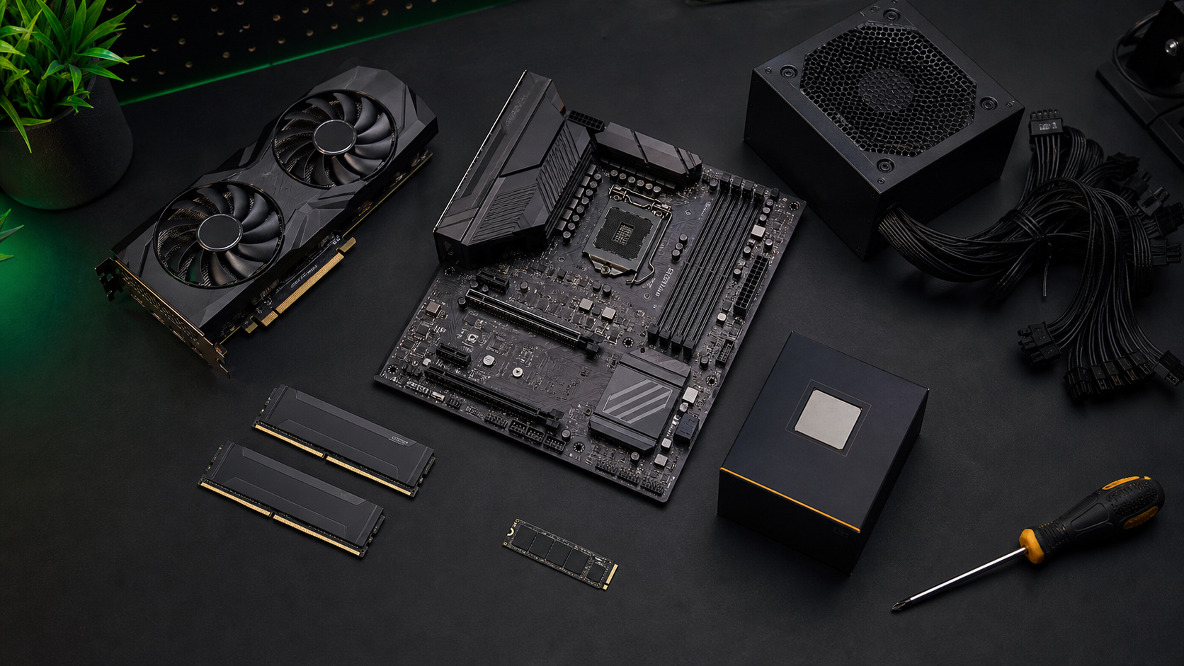 PC parts laid out on a dark workbench before assembly